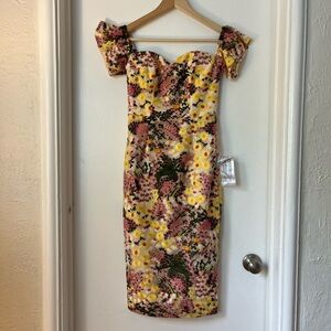 Dress the Population Floral Midi Dress with Puff Sleeves